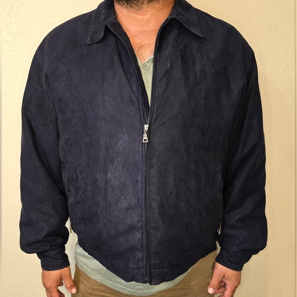Jos A Bank Soft Sueded Bomber Jacket Sz L Navy Blue Zip Out Lining 5 pockets - Picture 2 of 8